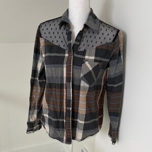 Daytrip Black and Gray Plaid Shirt with Sheer Yoke